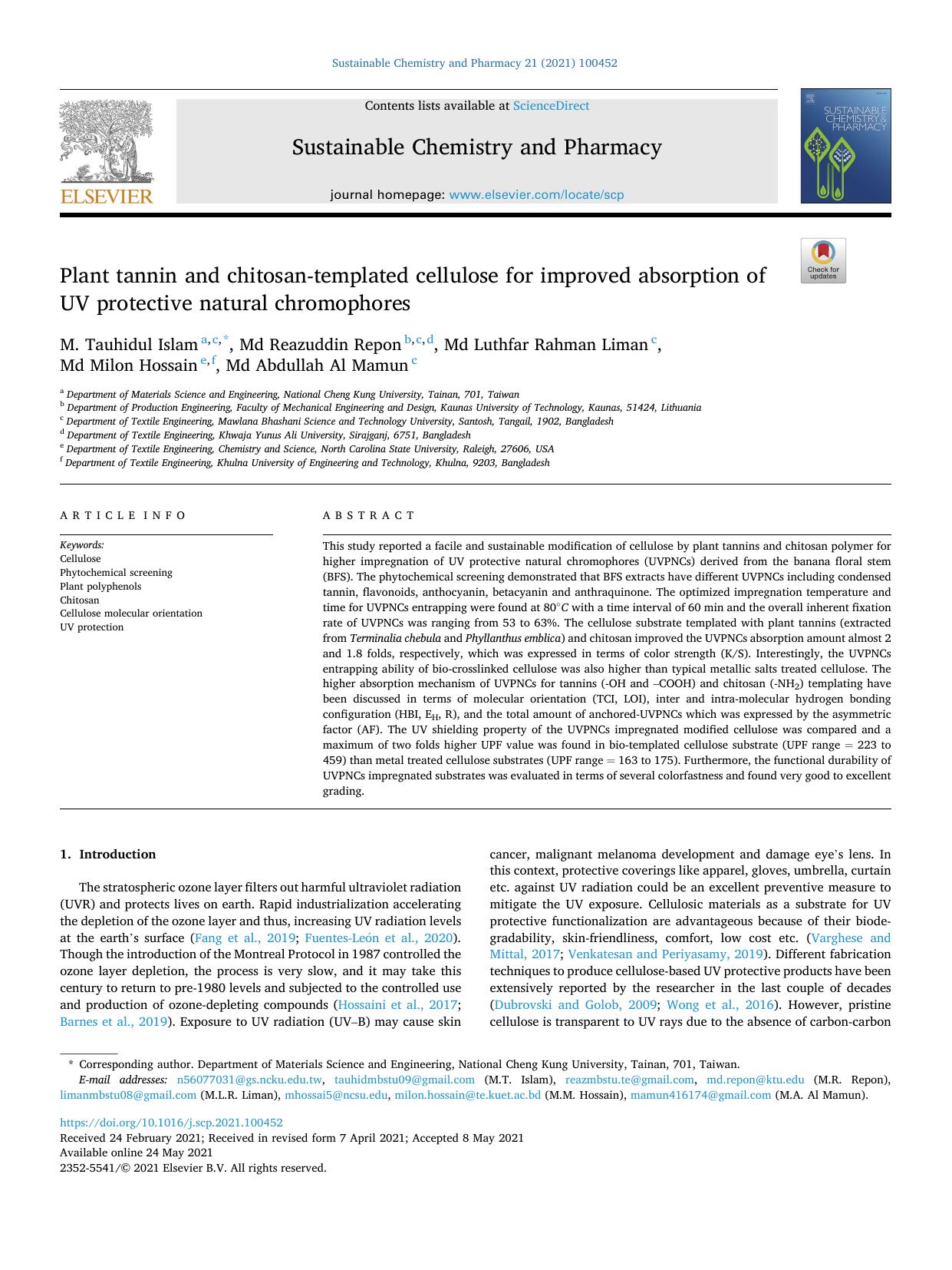 Plant tannin and chitosan-templated cellulose for improved absorption of UV protective natural chromophores by unknow