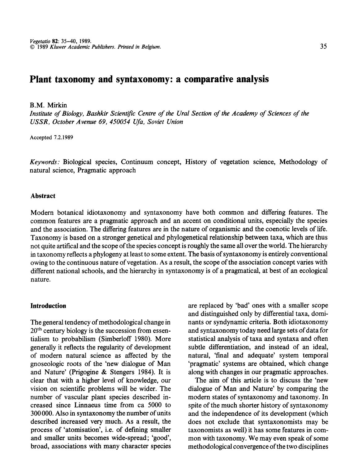 Plant taxonomy and syntaxonomy: a comparative analysis by Unknown