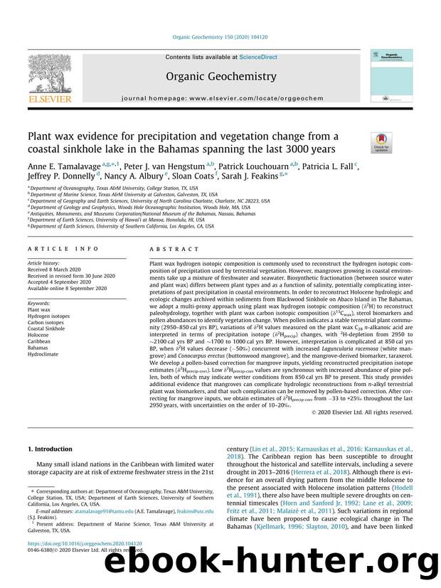 Plant wax evidence for precipitation and vegetation change from a coastal sinkhole lake in the Bahamas spanning the last 3000Ã¢â¬Â¯years by unknow