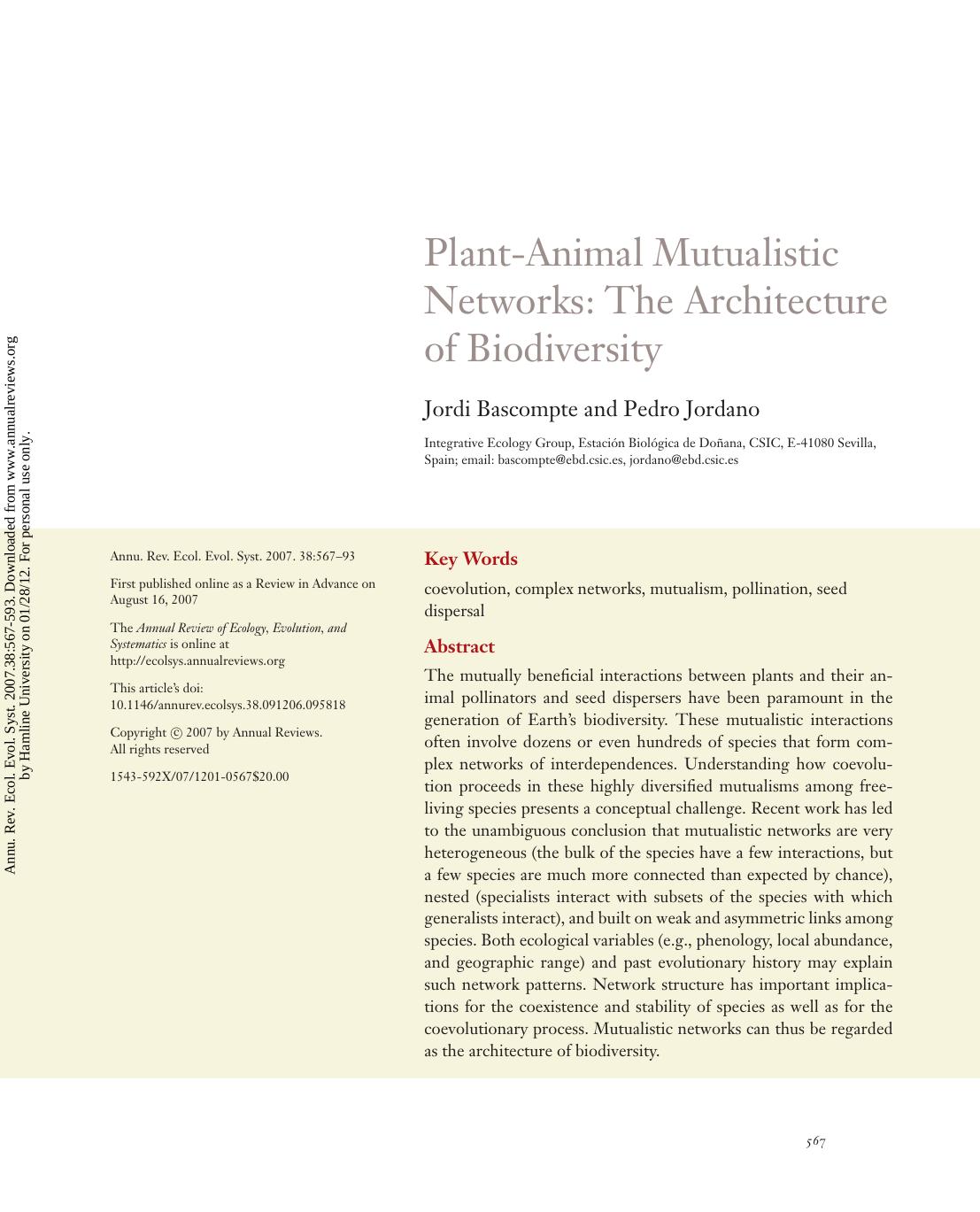 Plant-Animal Mutualistic Networks: The Architecture of Biodiversity by Jordi Bascompte & Pedro Jordano