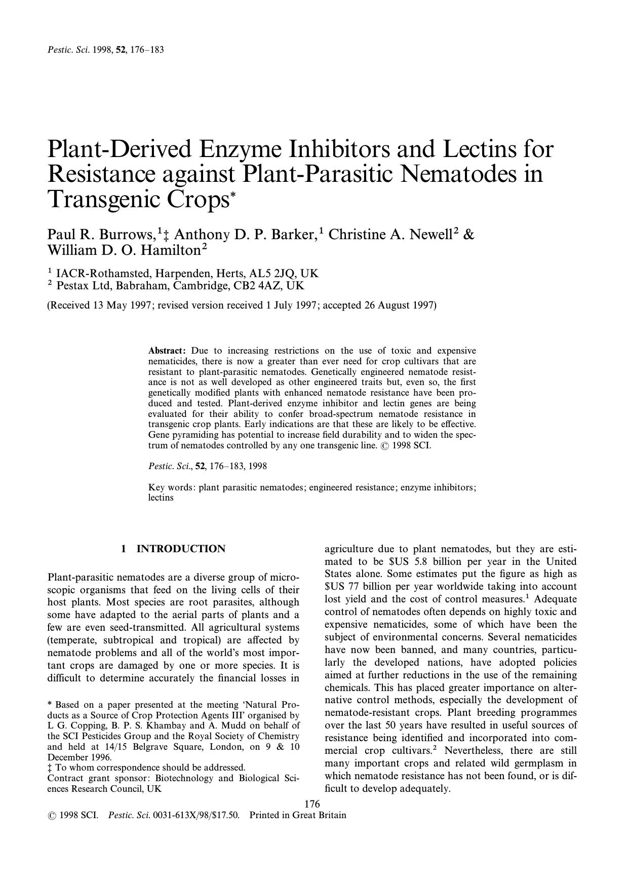 Plant-Derived Enzyme Inhibitors and Lectins for Resistance against Plant-Parasitic Nematodes in Transgenic Crops* by Burrows Barker Newell Hamilton
