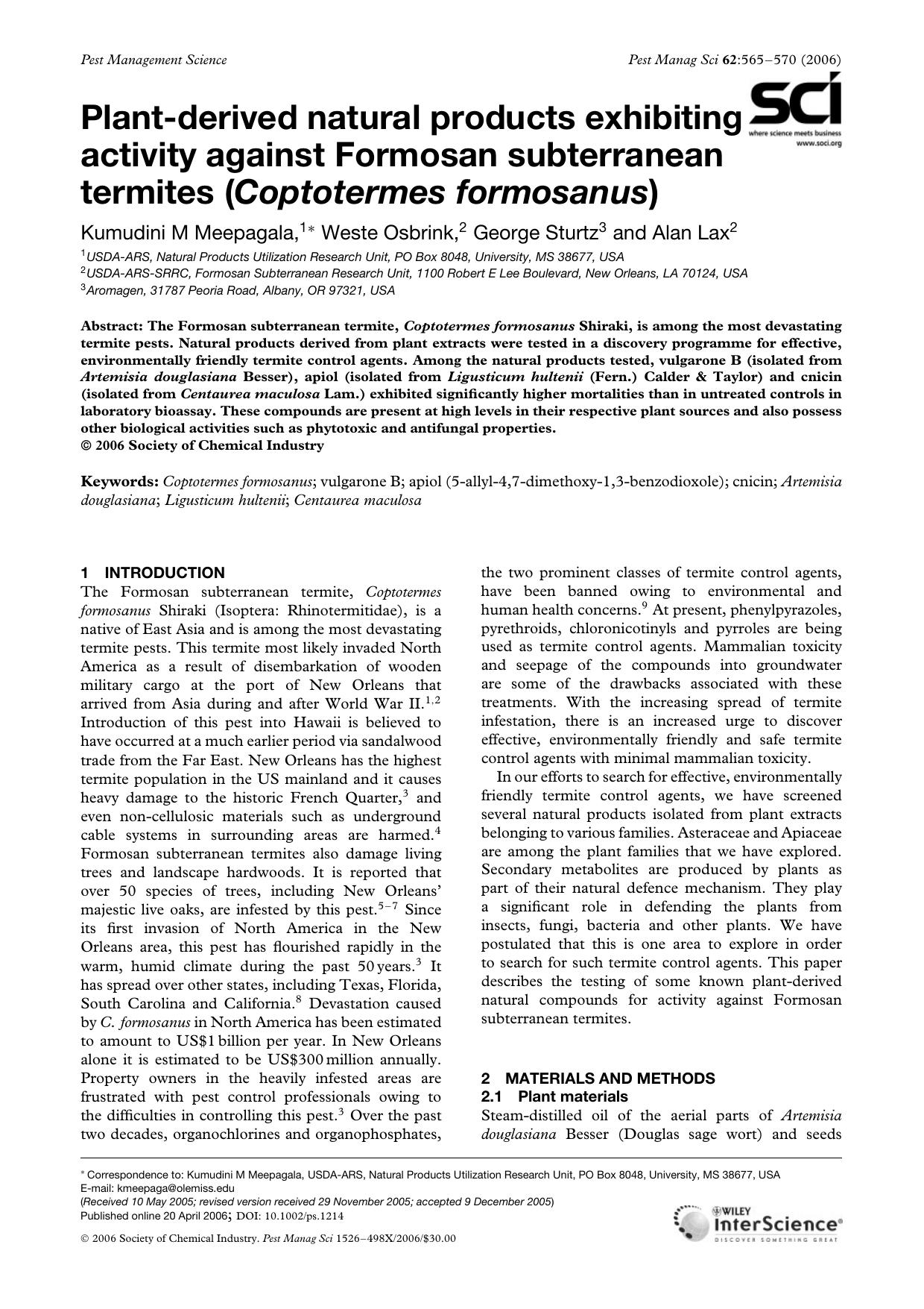 Plant-derived natural products exhibiting activity against formosan subterranean termites (Coptotermes formosanus) by Unknown
