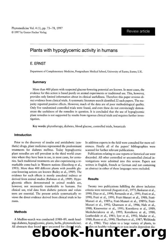Plants with hypoglycemic activity in humans by E. Ernst