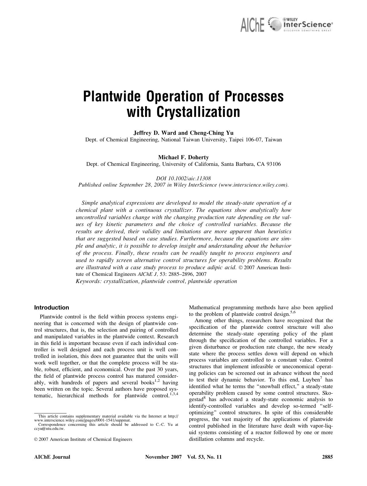 Plantwide operation of processes with crystallization by Unknown