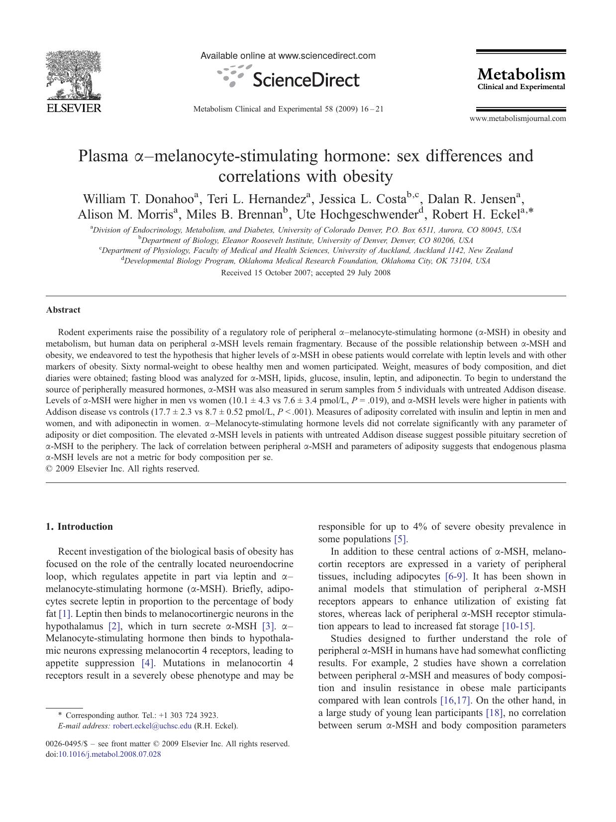 Plasma Î±âmelanocyte-stimulating hormone: sex differences and correlations with obesity by unknow