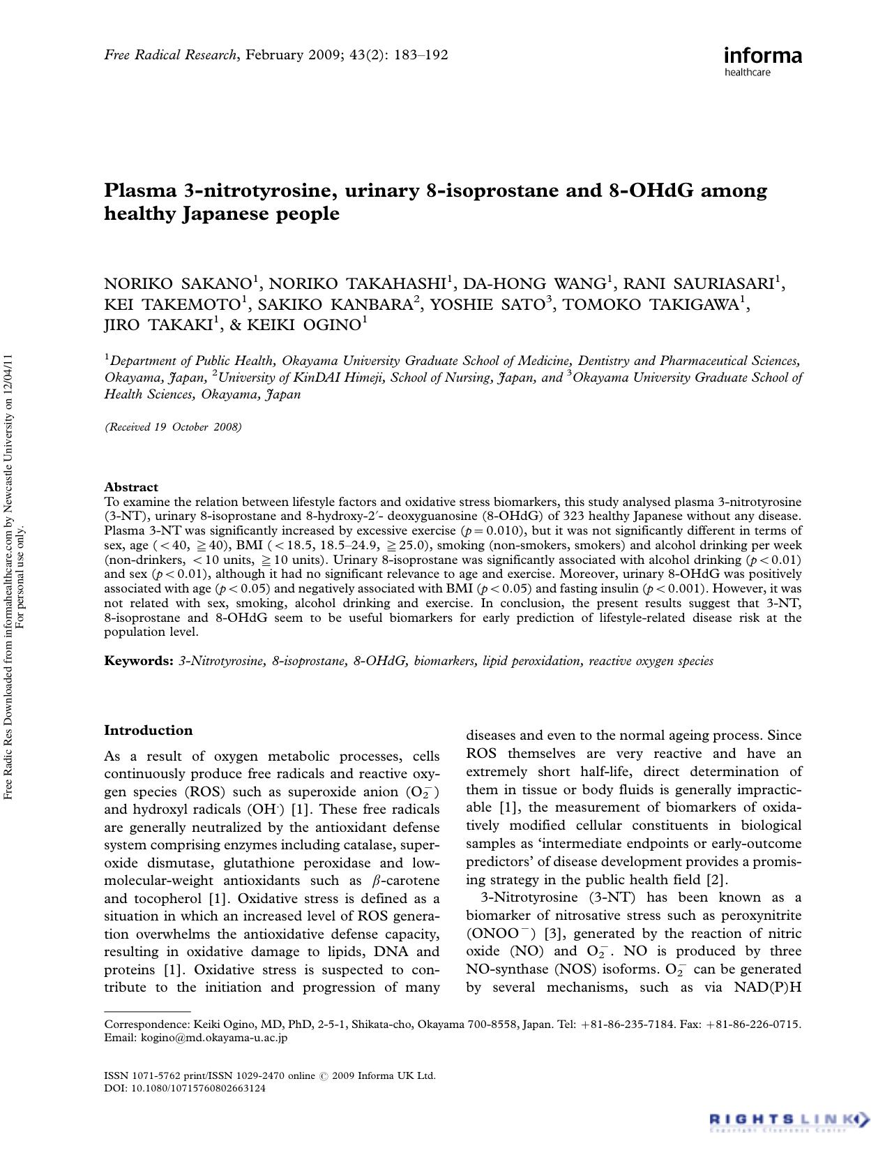 Plasma 3-nitrotyrosine, urinary 8-isoprostane and 8-OHdG among healthy Japanese people by unknow