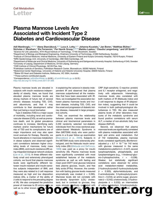 Plasma Mannose Levels Are Associated with Incident Type 2 Diabetes and Cardiovascular Disease by unknow