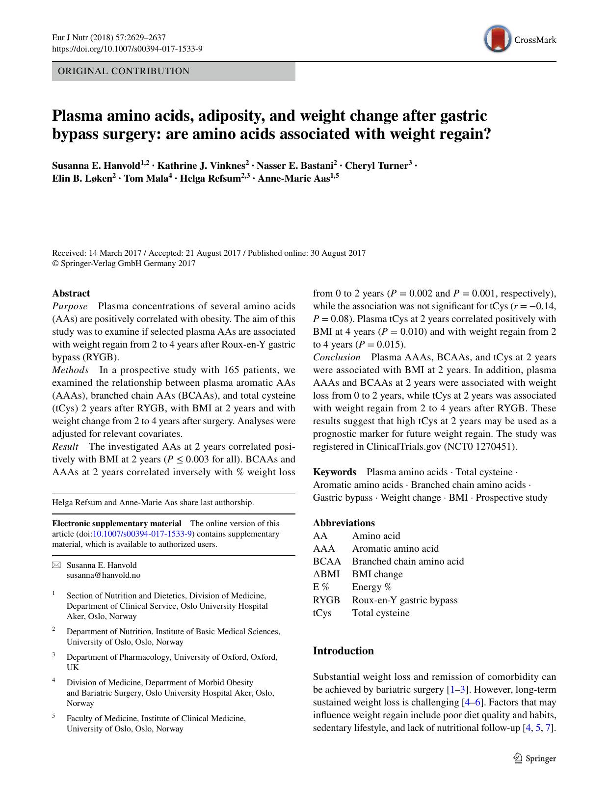 Plasma amino acids, adiposity, and weight change after gastric bypass surgery: are amino acids associated with weight regain? by unknow