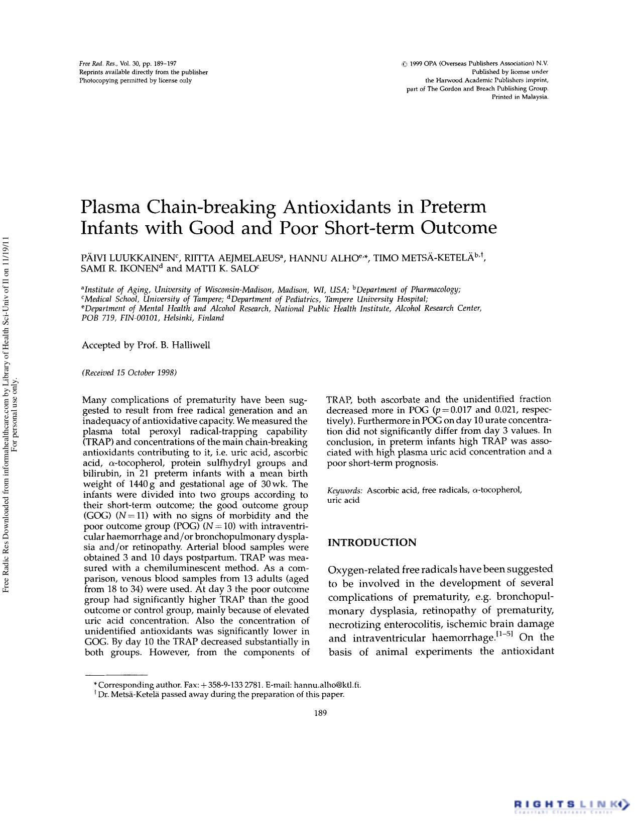 Plasma chain-breaking antioxidants in preterm infants with good and poor short-term outcome by unknow