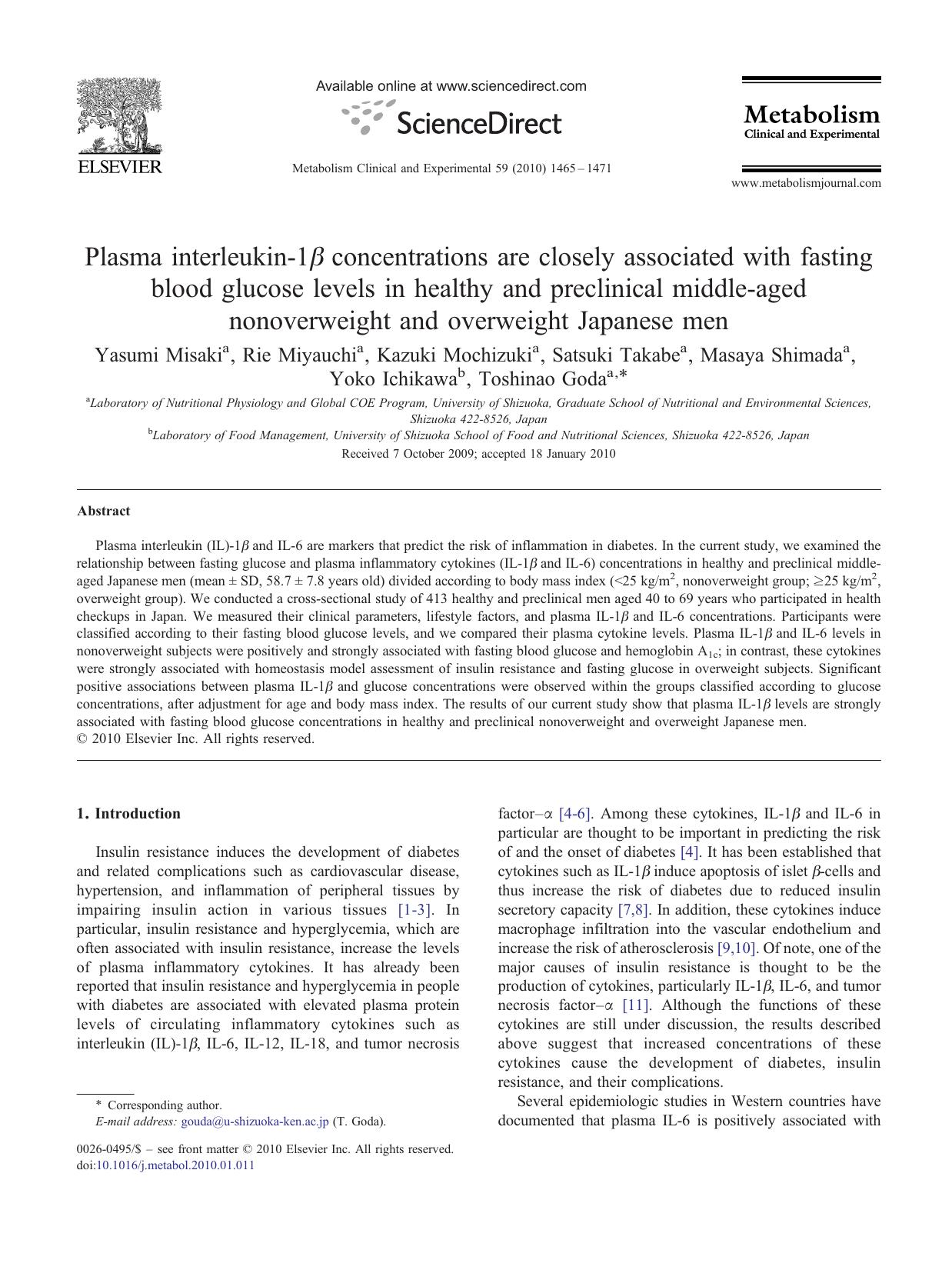 Plasma interleukin-1Î² concentrations are closely associated with fasting blood glucose levels in healthy and preclinical middle-aged nonoverweight and overweight Japanese men by Yasumi Misaki
