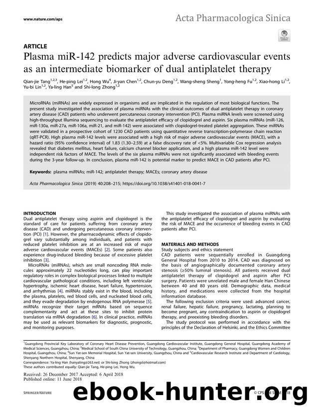Plasma miR-142 predicts major adverse cardiovascular events as an intermediate biomarker of dual antiplatelet therapy by unknow