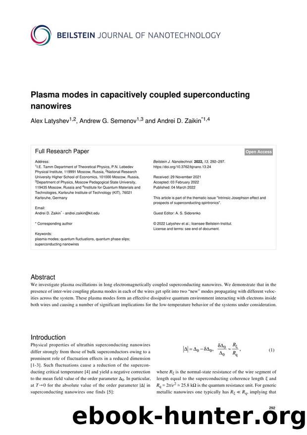 Plasma modes in capacitively coupled superconducting nanowires by Alex Latyshev Andrew G. Semenov Andrei D. Zaikin