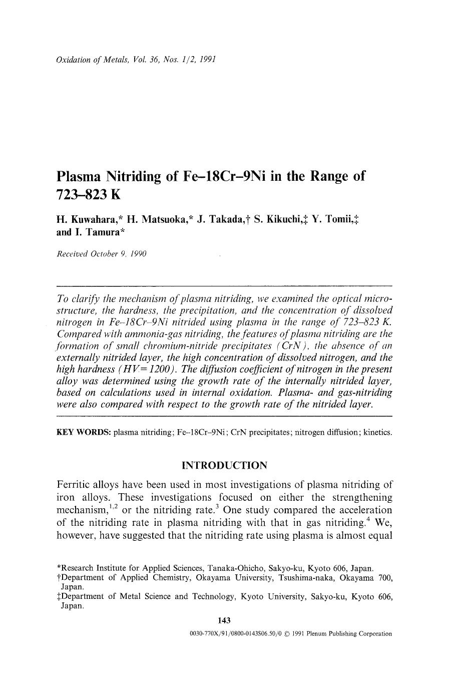 Plasma nitriding of Fe-18Cr-9Ni in the range of 723&#x2013;823 K by Unknown