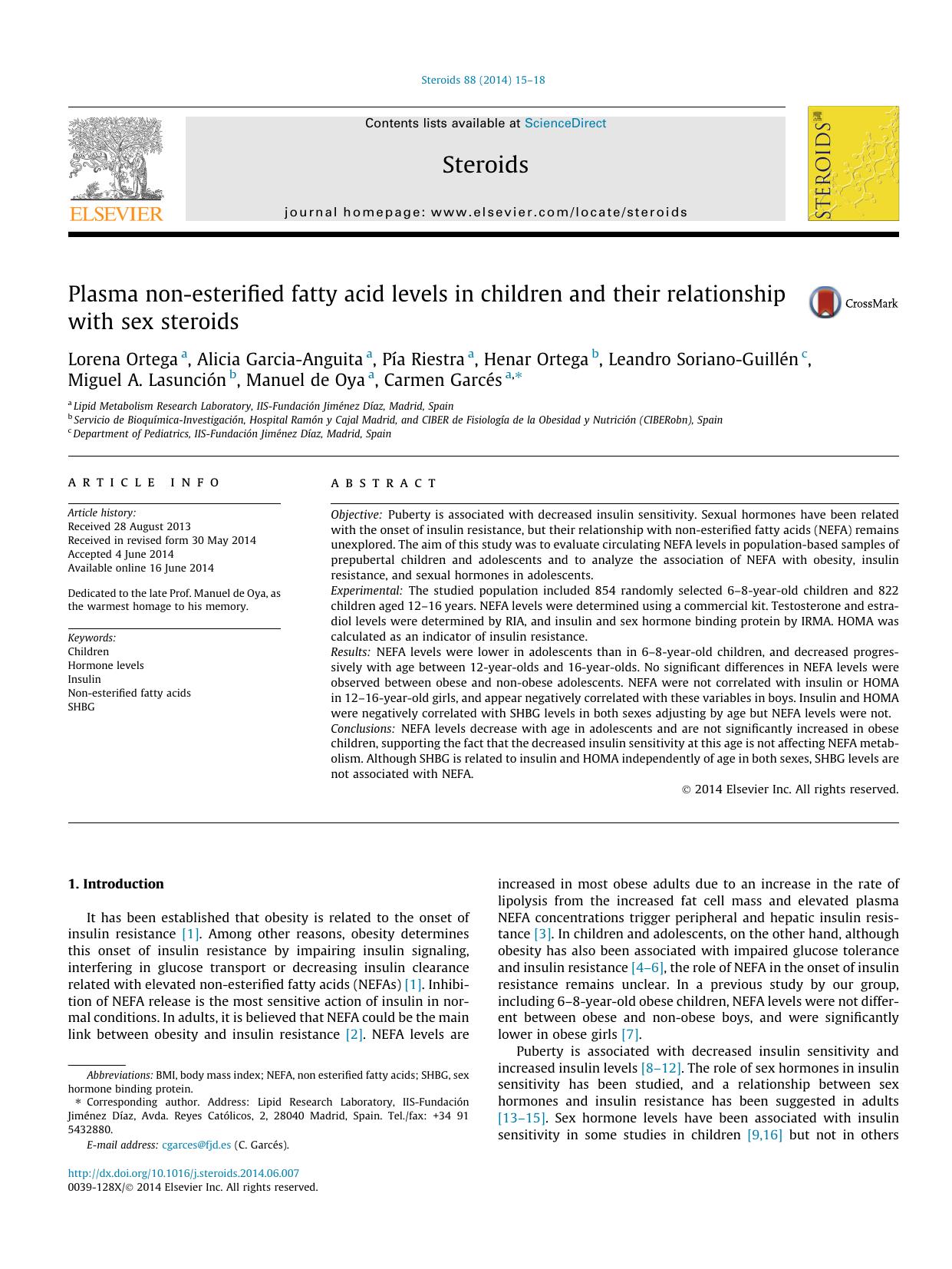 Plasma non-esterified fatty acid levels in children and their relationship with sex steroids by unknow