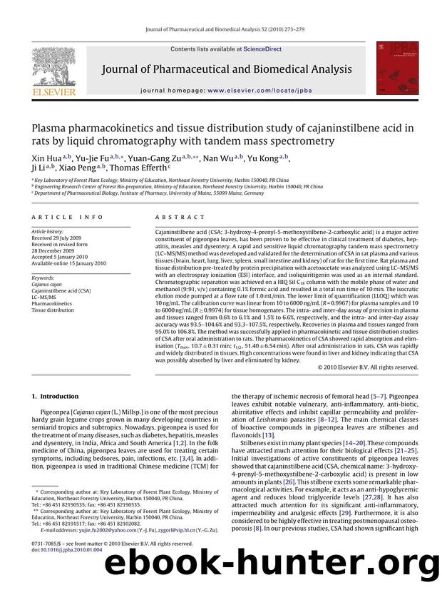 Plasma pharmacokinetics and tissue distribution study of cajaninstilbene acid in rats by liquid chromatography with tandem mass spectrometry by Xin Hua; Yu-Jie Fu; Yuan-Gang Zu; Nan Wu; Yu Kong; Ji Li; Xiao Peng; Thomas Efferth