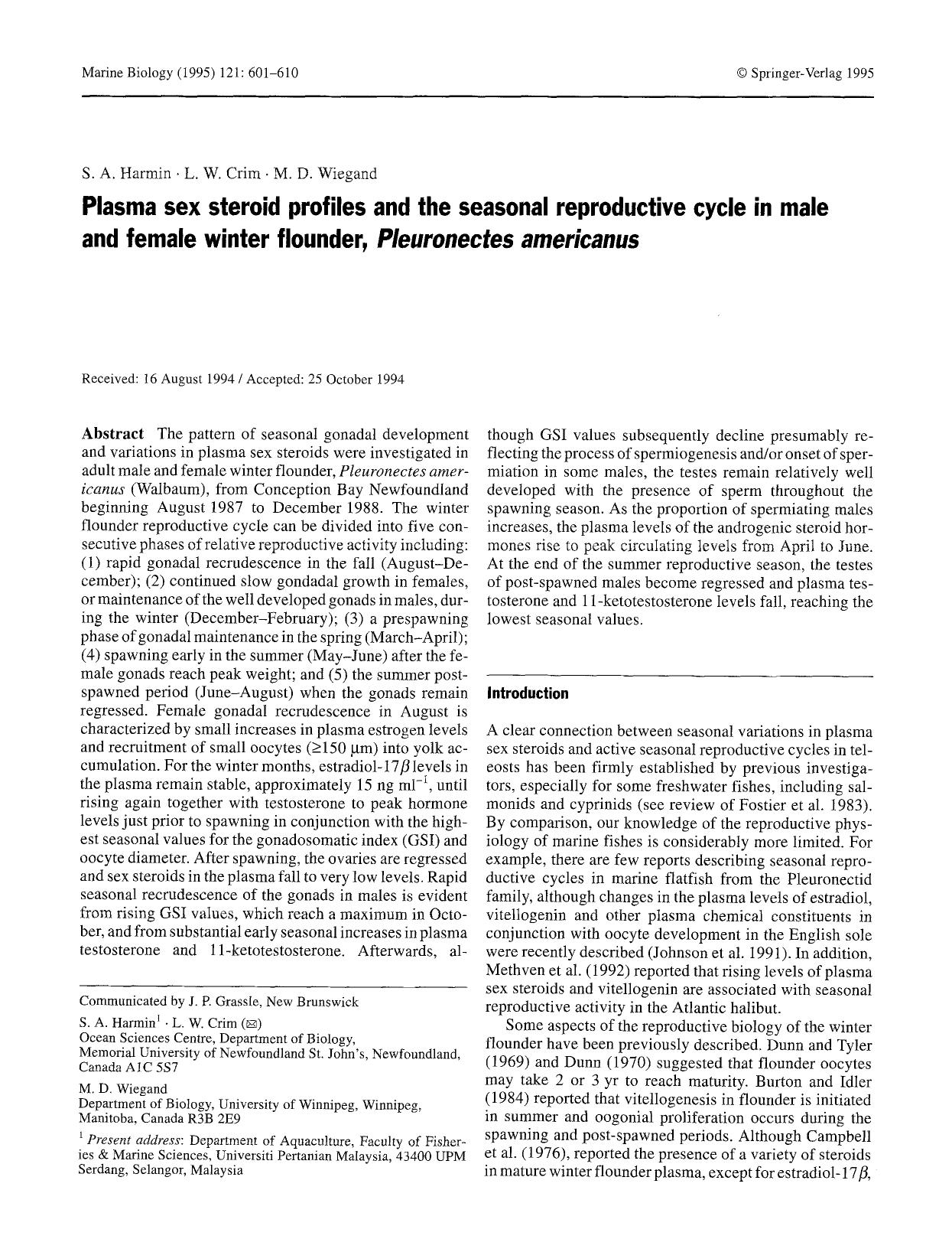 Plasma sex steroid profiles and the seasonal reproductive cycle in male and female winter flounder, <Emphasis Type="Italic">Pleuronectes americanus<Emphasis> by Unknown