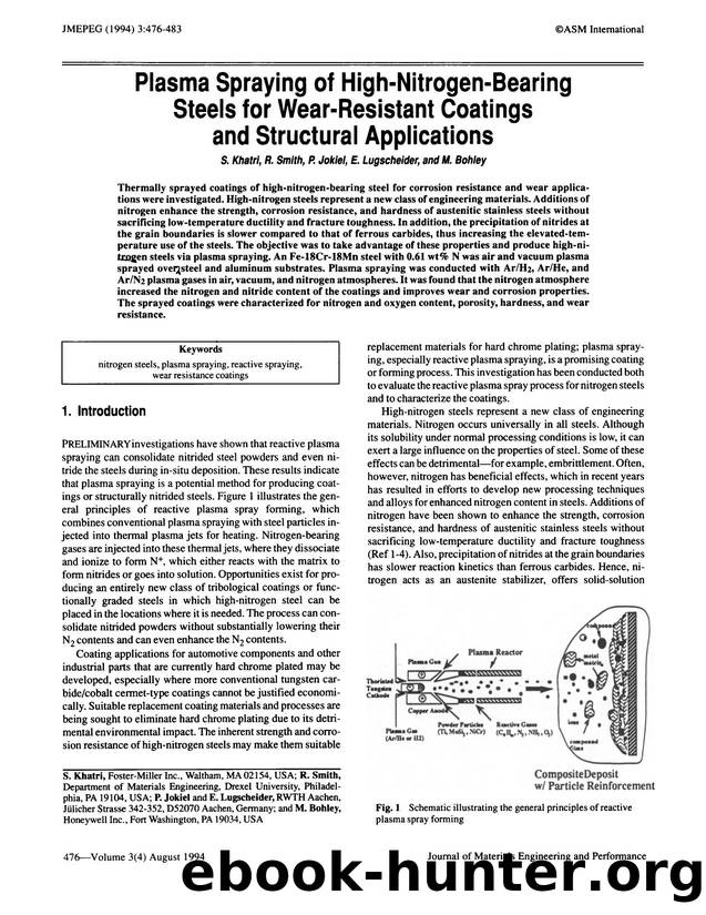 Plasma spraying of high-nitrogen-bearing steels for wear-resistant coatings and structural applications by Unknown