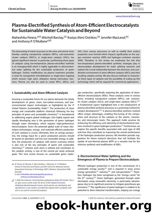 Plasma&#x02010;Electrified Synthesis of Atom&#x02010;Efficient Electrocatalysts for Sustainable Water Catalysis and Beyond by Unknown