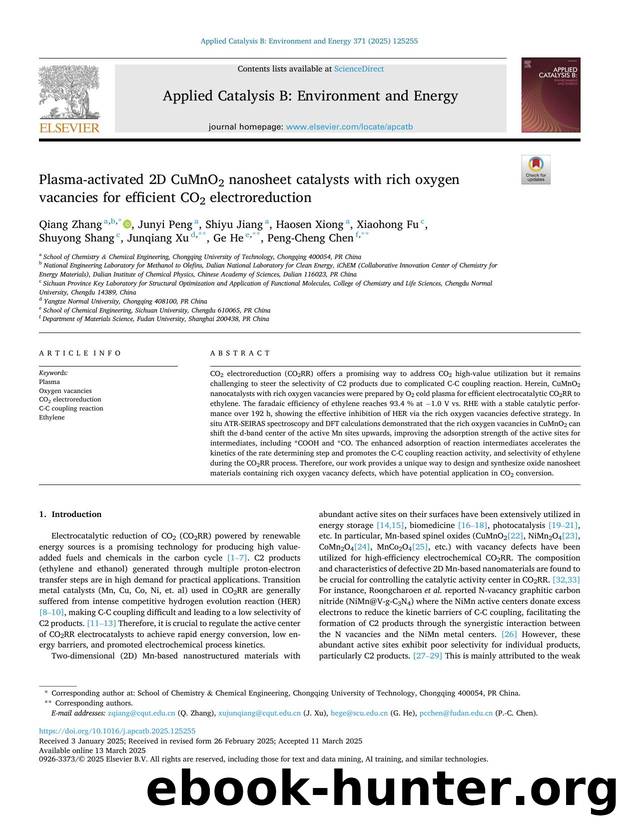 Plasma-activated 2D CuMnO2 nanosheet catalysts with rich oxygen vacancies for efficient CO2 electroreduction by unknow