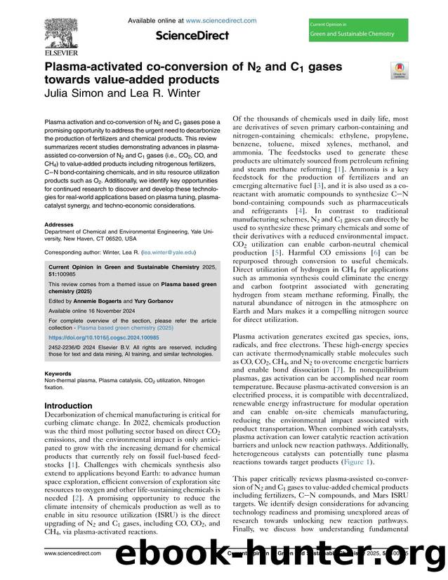 Plasma-activated co-conversion of N2 and C1 gases towards value-added products by Julia Simon & Lea R. Winter