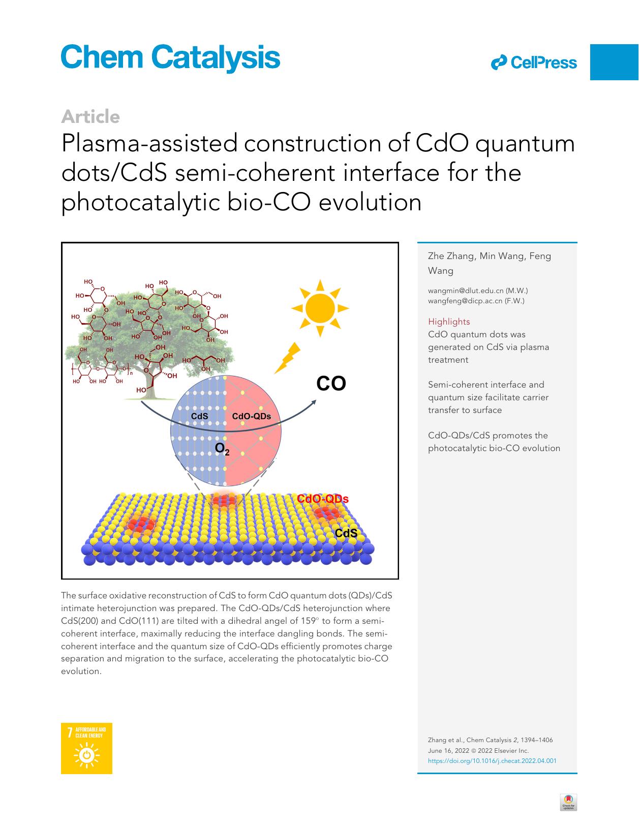 Plasma-assisted construction of CdO quantum dotsCdS semi-coherent interface for the photocatalytic bio-CO evolution by Zhe Zhang & Min Wang & Feng Wang