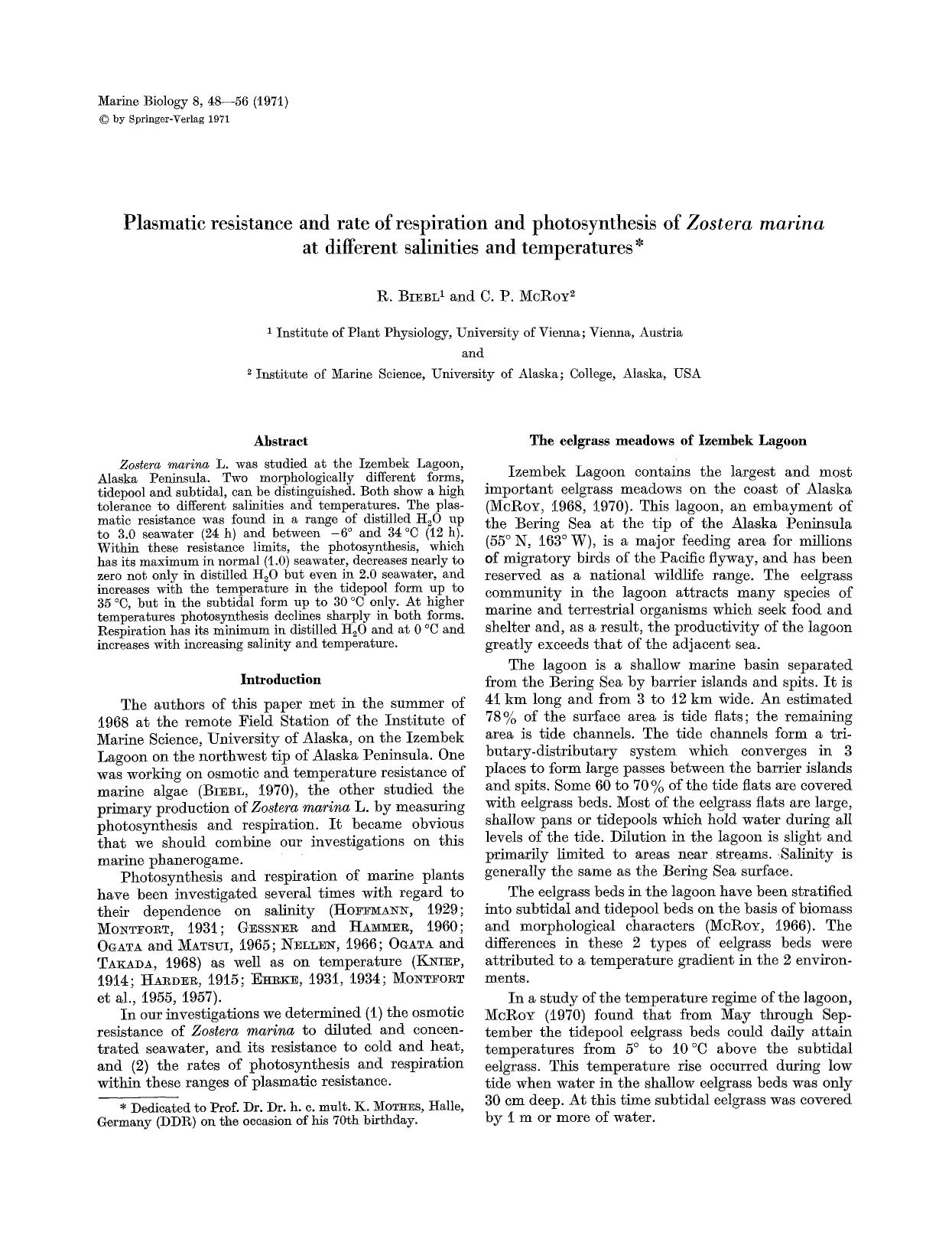 Plasmatic resistance and rate of respiration and photosynthesis of <Emphasis Type="Italic">Zostera marina<Emphasis> at different salinities and temperatures by Unknown