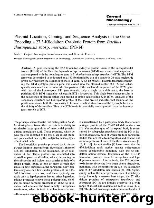 Plasmid location, cloning, and sequence analysis of the gene encoding a 27.3-kilodalton cytolytic protein from <Emphasis Type="Italic">Bacillus thuringiensis <Emphasis> subsp. <Emp by Unknown