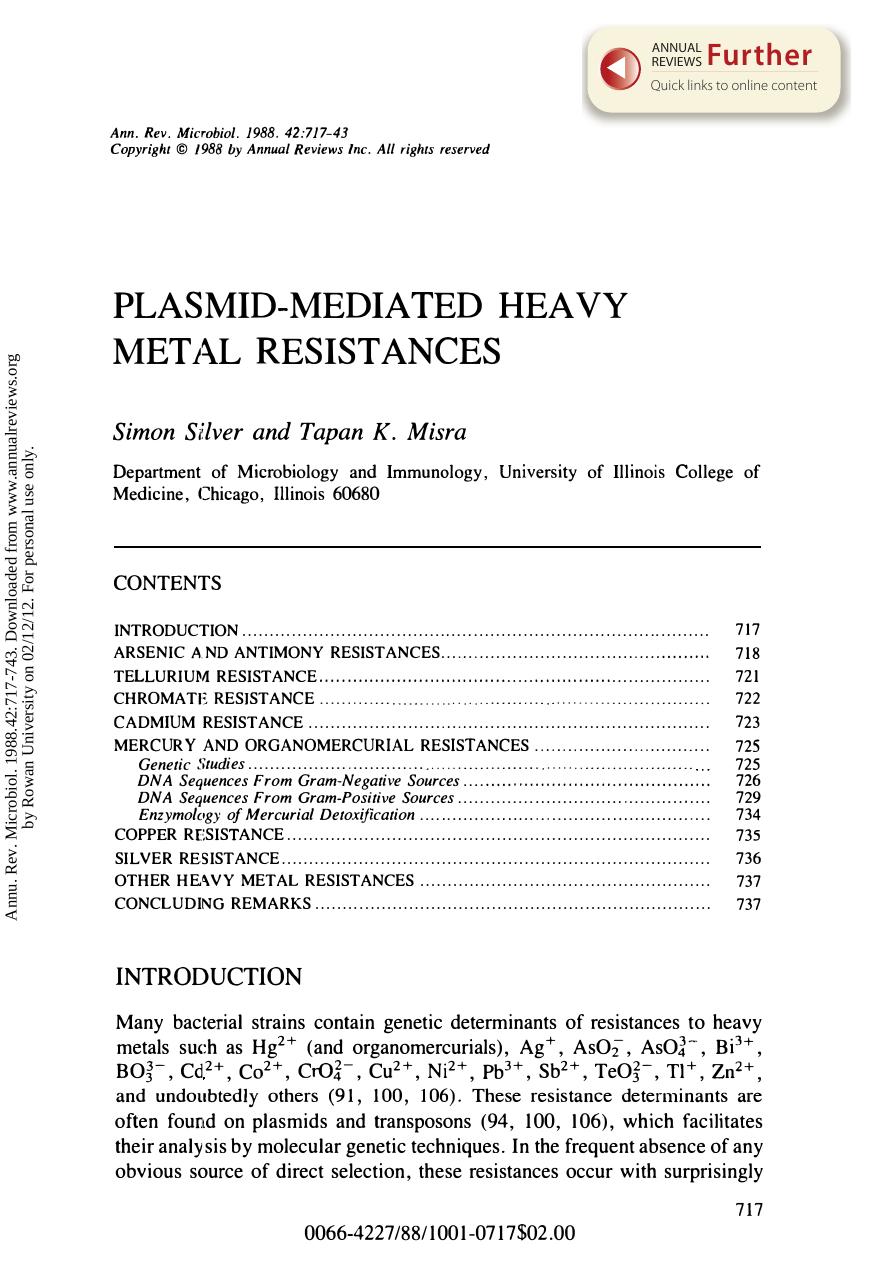 Plasmid-Mediated Heavy Metal Resistances by S Silver & T K Misra