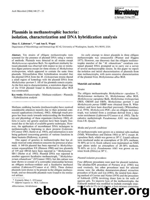 Plasmids in methanotrophic bacteria: isolation, characterization and DNA hybridization analysis by Unknown