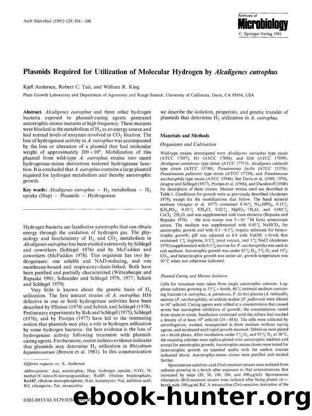 Plasmids required for utilization of molecular hydrogen by <Emphasis Type="Italic">Alcaligenes eutrophus<Emphasis> by Unknown