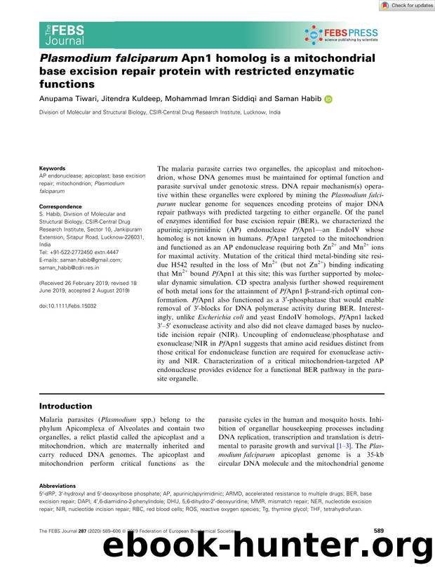 PlasmodiumÂ falciparum Apn1 homolog is a mitochondrial base excision repair protein with restricted enzymatic functions by Unknown