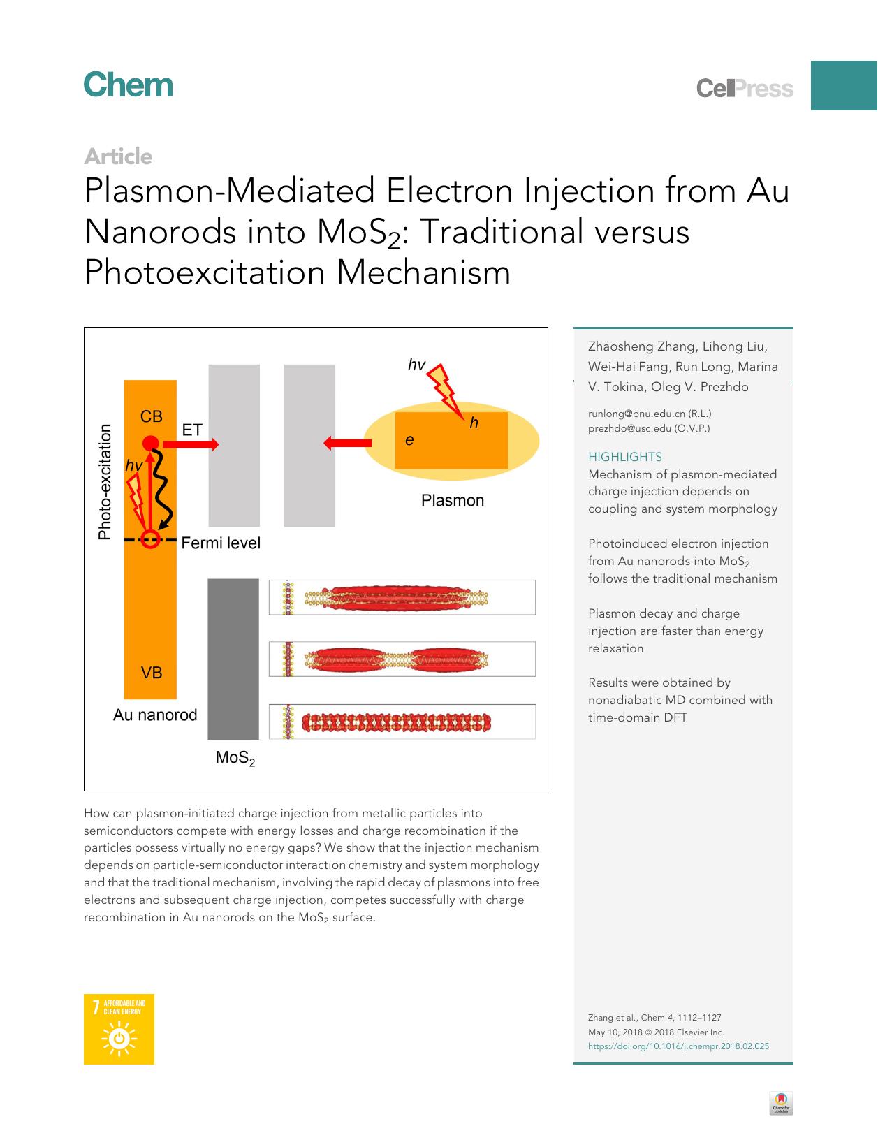 Plasmon-Mediated Electron Injection from Au Nanorods into MoS2: Traditional versus Photoexcitation Mechanism by Zhaosheng Zhang & Lihong Liu & Wei-Hai Fang & Run Long & Marina V. Tokina & Oleg V. Prezhdo