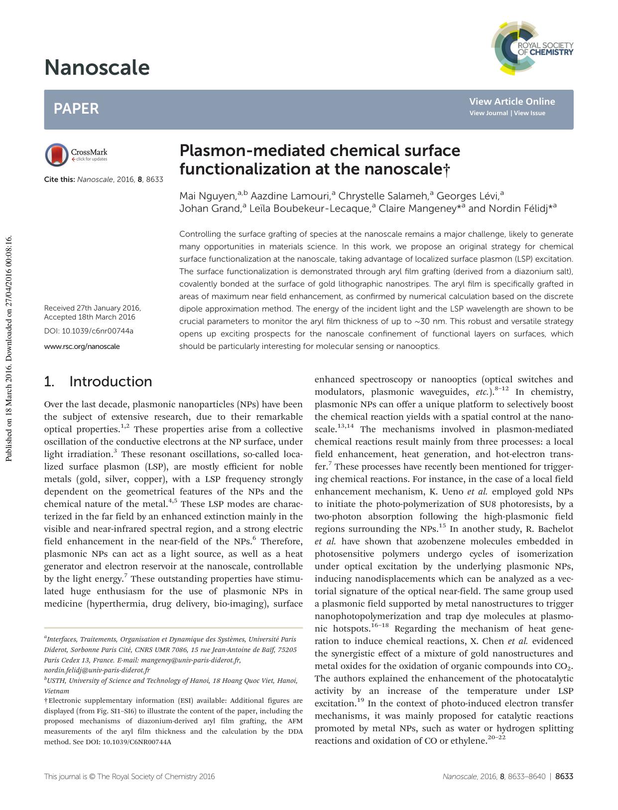 Plasmon-mediated chemical surface functionalization at the nanoscale by unknow