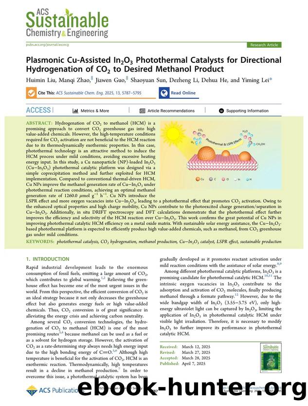 Plasmonic Cu-Assisted In2O3 Photothermal Catalysts for Directional Hydrogenation of CO2 to Desired Methanol Product by Huimin Liu Manqi Zhao Jiawen Guo Shaoyuan Sun Dezheng Li Dehua He and Yiming Lei
