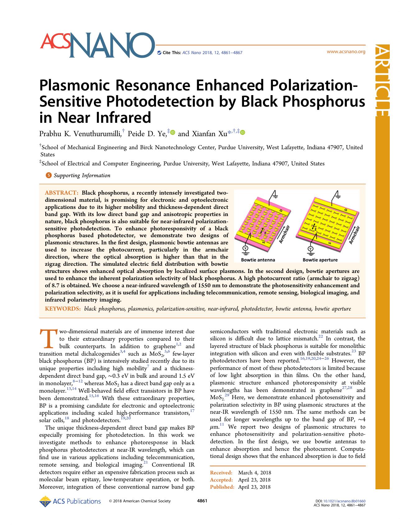 Plasmonic Resonance Enhanced Polarization-Sensitive Photodetection by Black Phosphorus in Near Infrared by Prabhu K. Venuthurumilli Peide D. Ye and Xianfan Xu