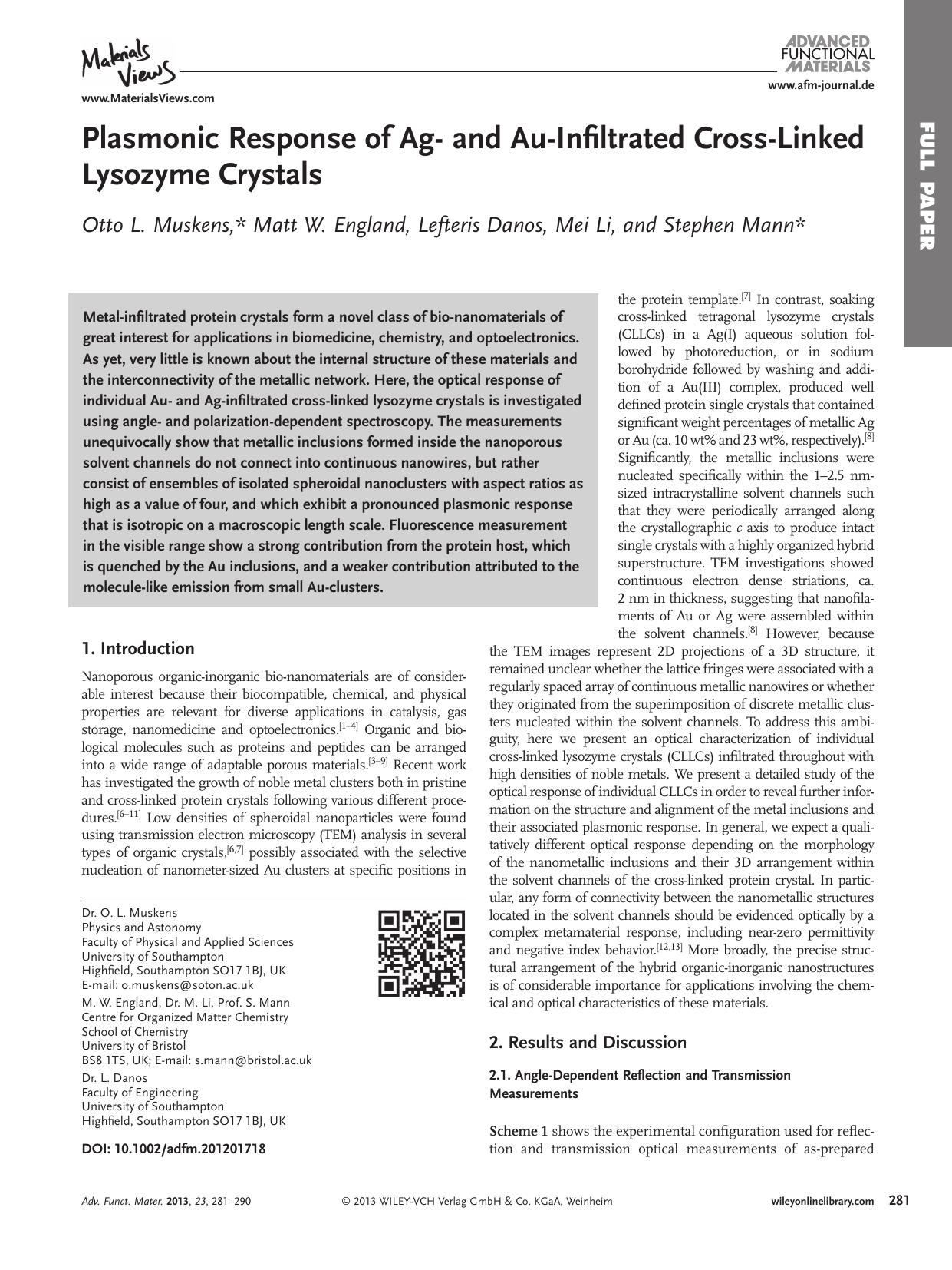 Plasmonic Response of Ag and AuInfiltrated CrossLinked Lysozyme Crystals by vng