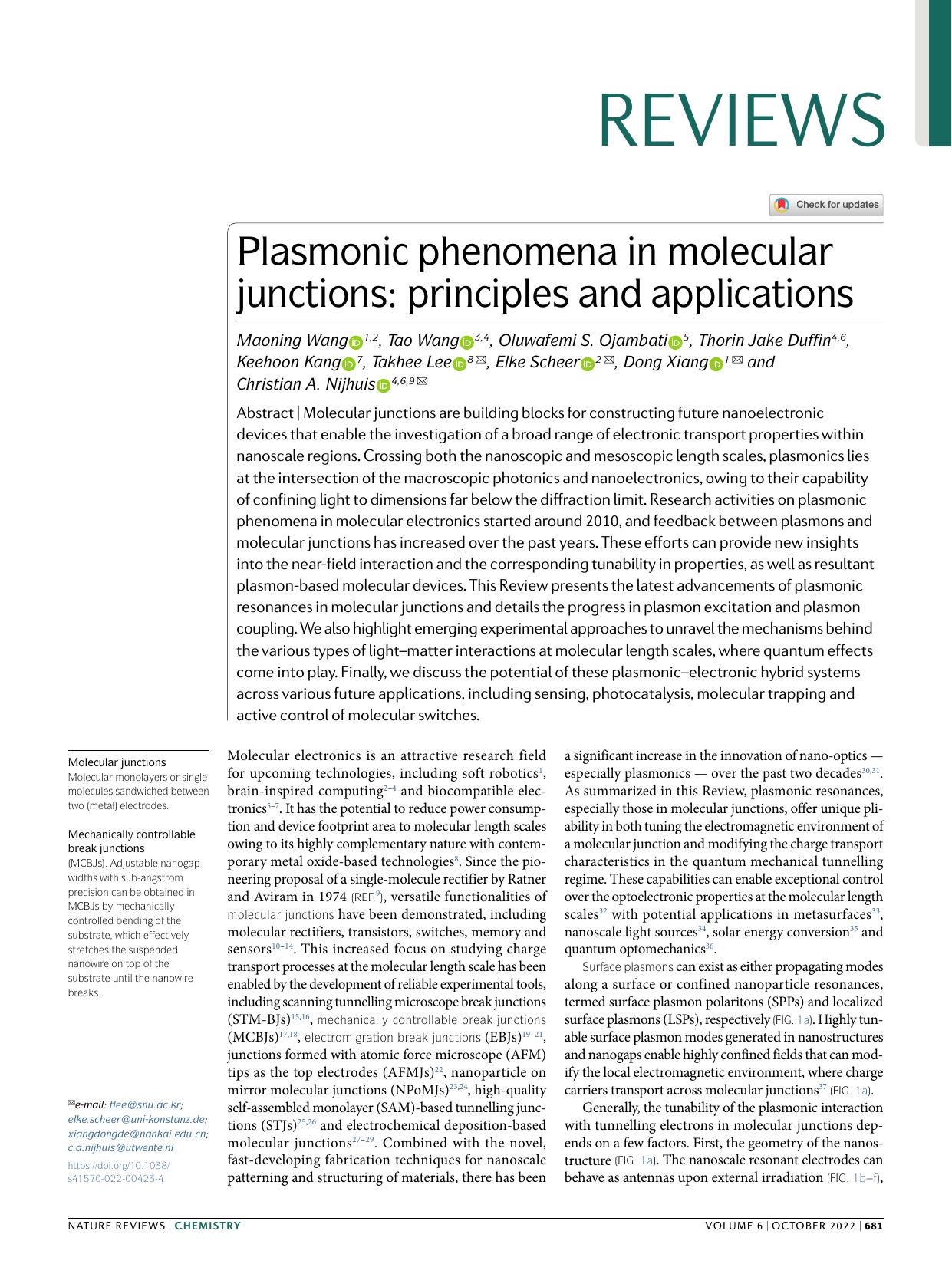 Plasmonic phenomena in molecular junctions: principles and applications by unknow