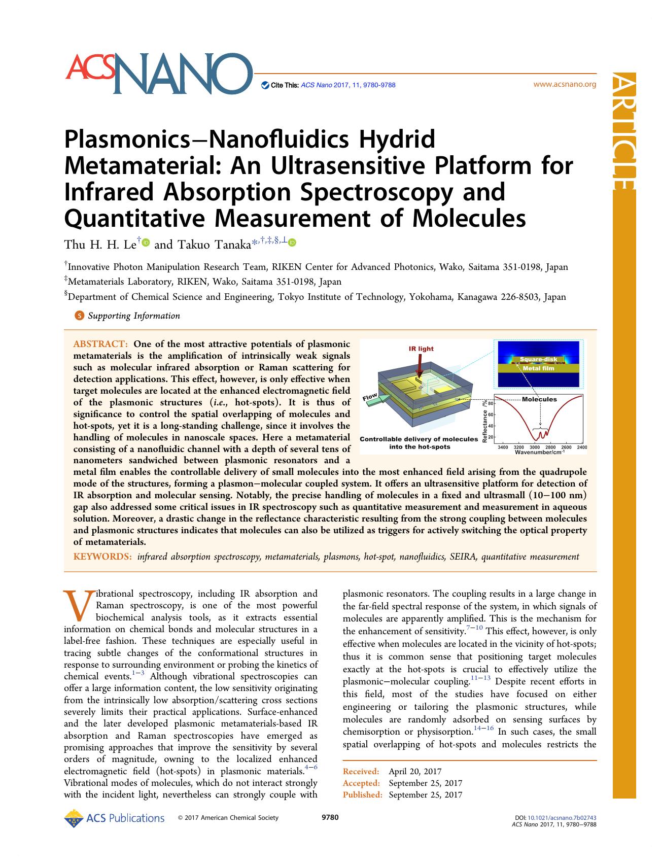 PlasmonicsâNanofluidics Hydrid Metamaterial: An Ultrasensitive Platform for Infrared Absorption Spectroscopy and Quantitative Measurement of Molecules by Thu H. H. Le and Takuo Tanaka