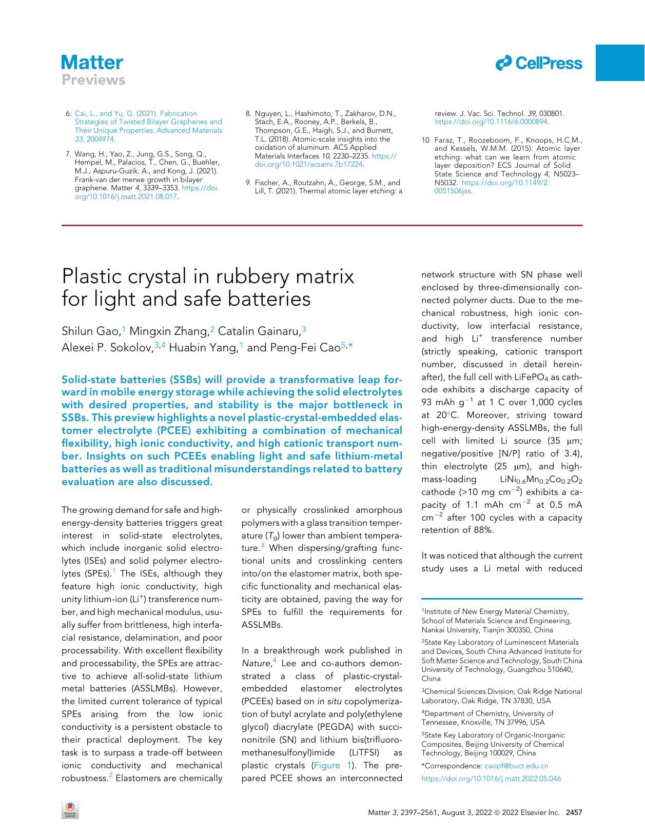 Plastic Crystal in Rubbery Matrix for Light and Safe Batteries by Shilun Gao & Mingxin Zhang & Catalin Gainaru & Alexei P. Sokolov & Huabin Yang & Peng-Fei Cao