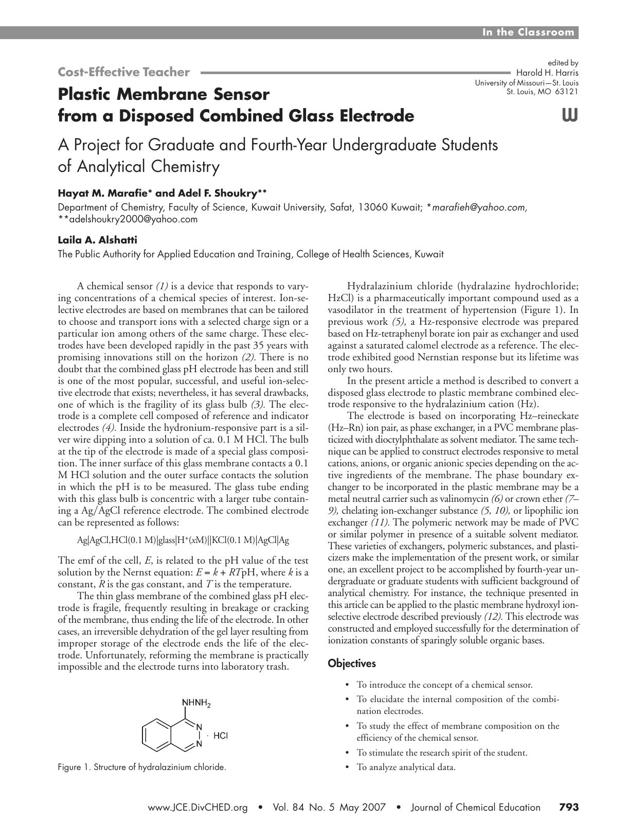 Plastic Membrane Sensor from a Disposed Combined Glass Electrode. A Project for Graduate and Fourth-Year Undergraduate Students of Analytical Chemistry by Hayat M. Marafie Adel F. Shoukry and Laila A. Alshatti