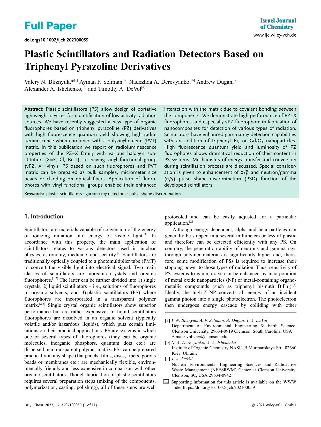 Plastic Scintillators and Radiation Detectors Based on Triphenyl Pyrazoline Derivatives by Unknown