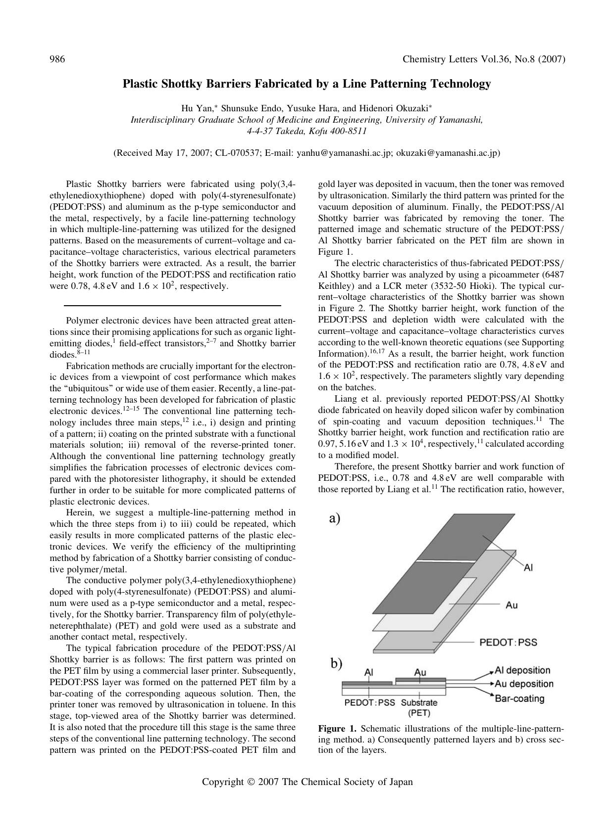 Plastic Shottky Barriers Fabricated by a Line Patterning Technology by Hu Yan Shunsuke Endo Yusuke Hara and Hidenori Okuzaki