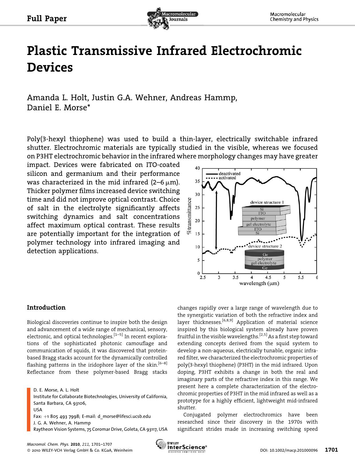 Plastic Transmissive Infrared Electrochromic Devices by Unknown