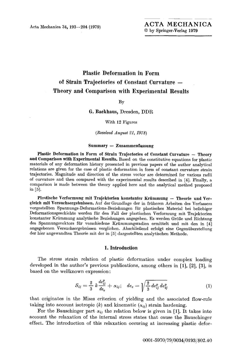 Plastic deformation in form of strain trajectories of constant curvature &#x2014;Theory and comparison with experimental results by Unknown