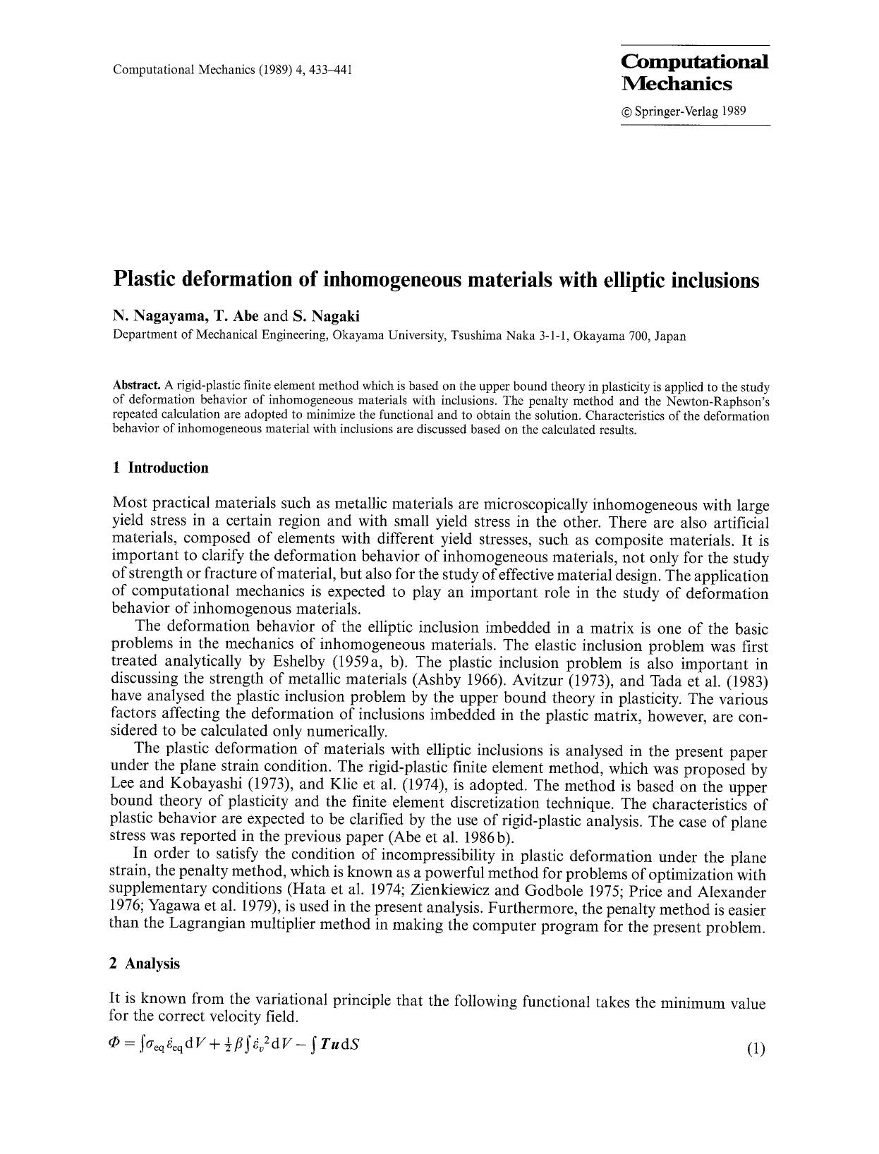 Plastic deformation of inhomogeneous materials with elliptic inclusions by Unknown
