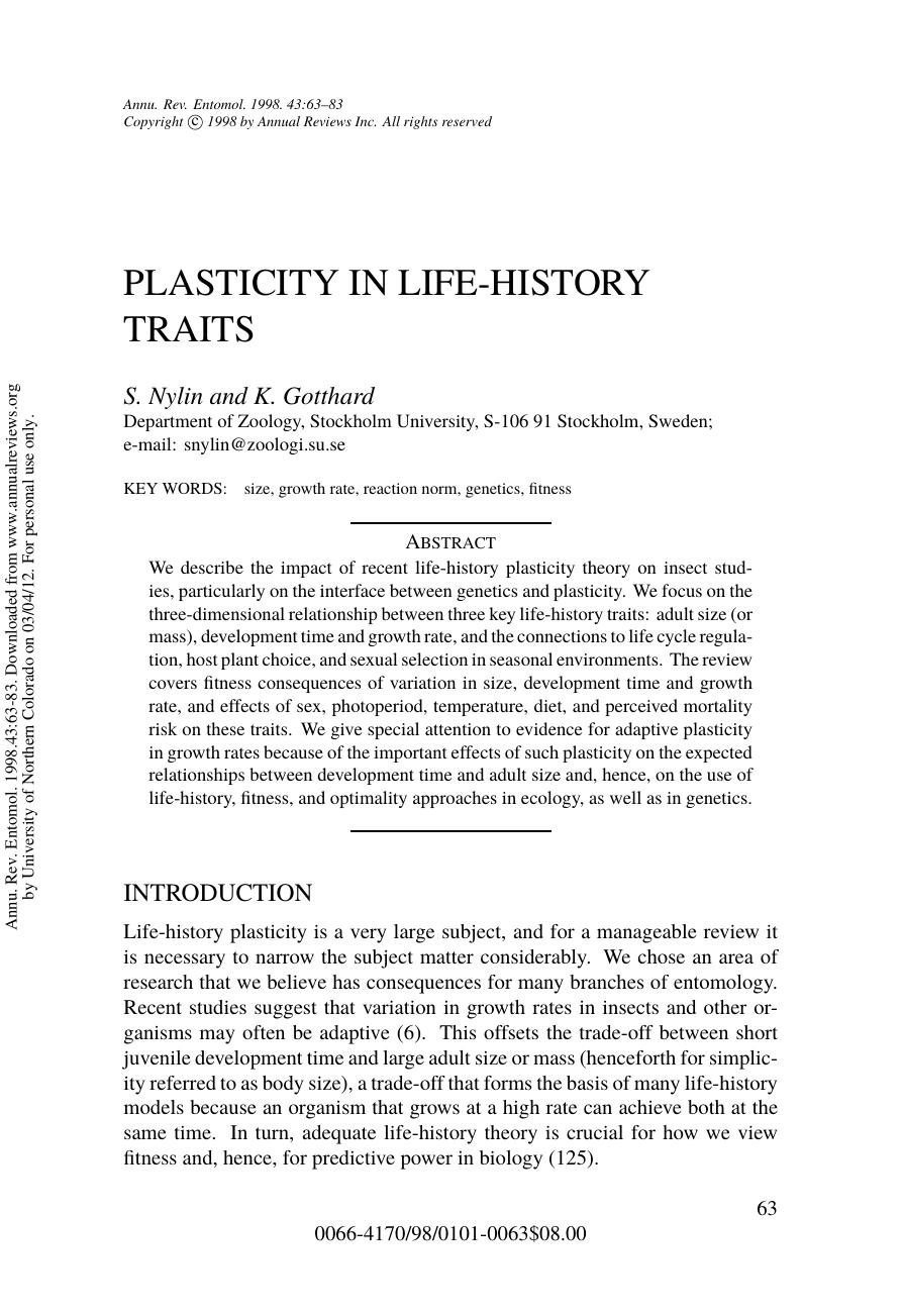 Plasticity in Life-History Traits by S. Nylin & K. Gotthard