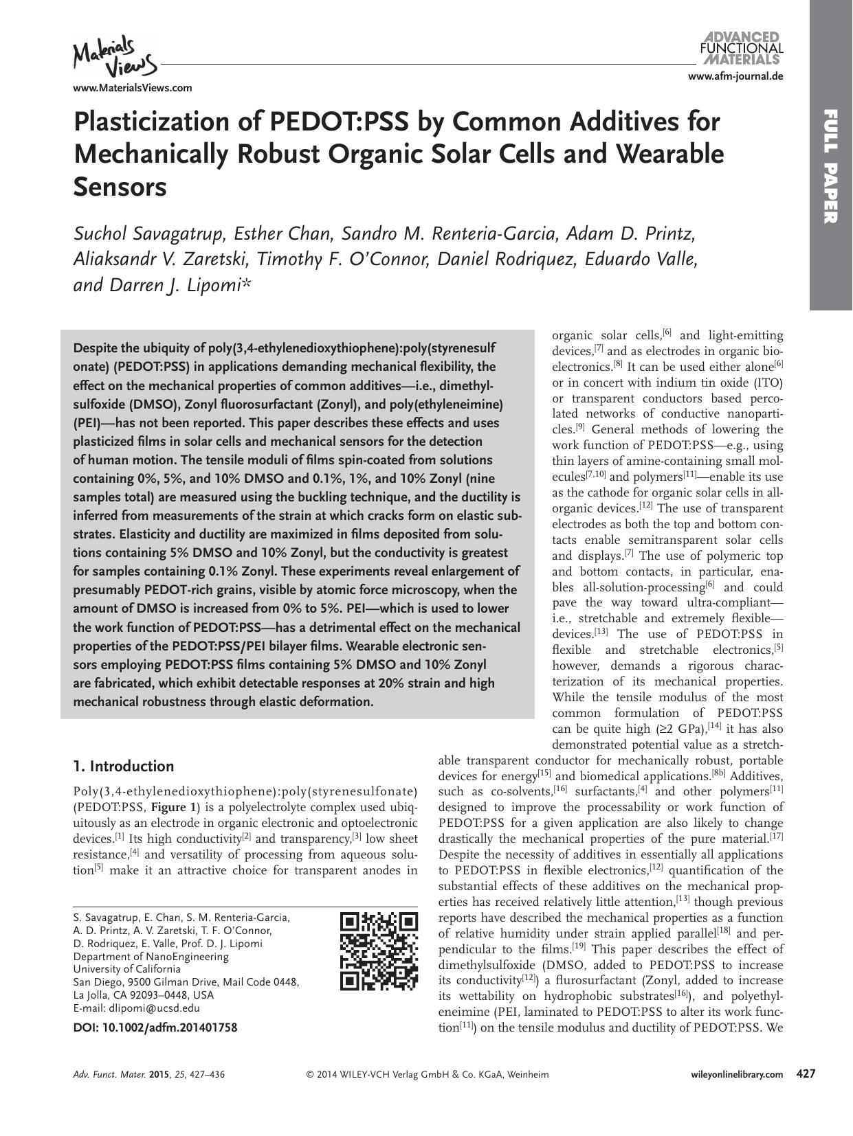 Plasticization of PEDOT:PSS by Common Additives for Mechanically Robust Organic Solar Cells and Wearable Sensors by Unknown