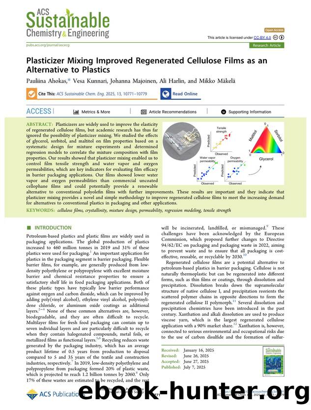 Plasticizer Mixing Improved Regenerated Cellulose Films as an Alternative to Plastics by Pauliina Ahokas Vesa Kunnari Johanna Majoinen Ali Harlin and Mikko Mäkelä