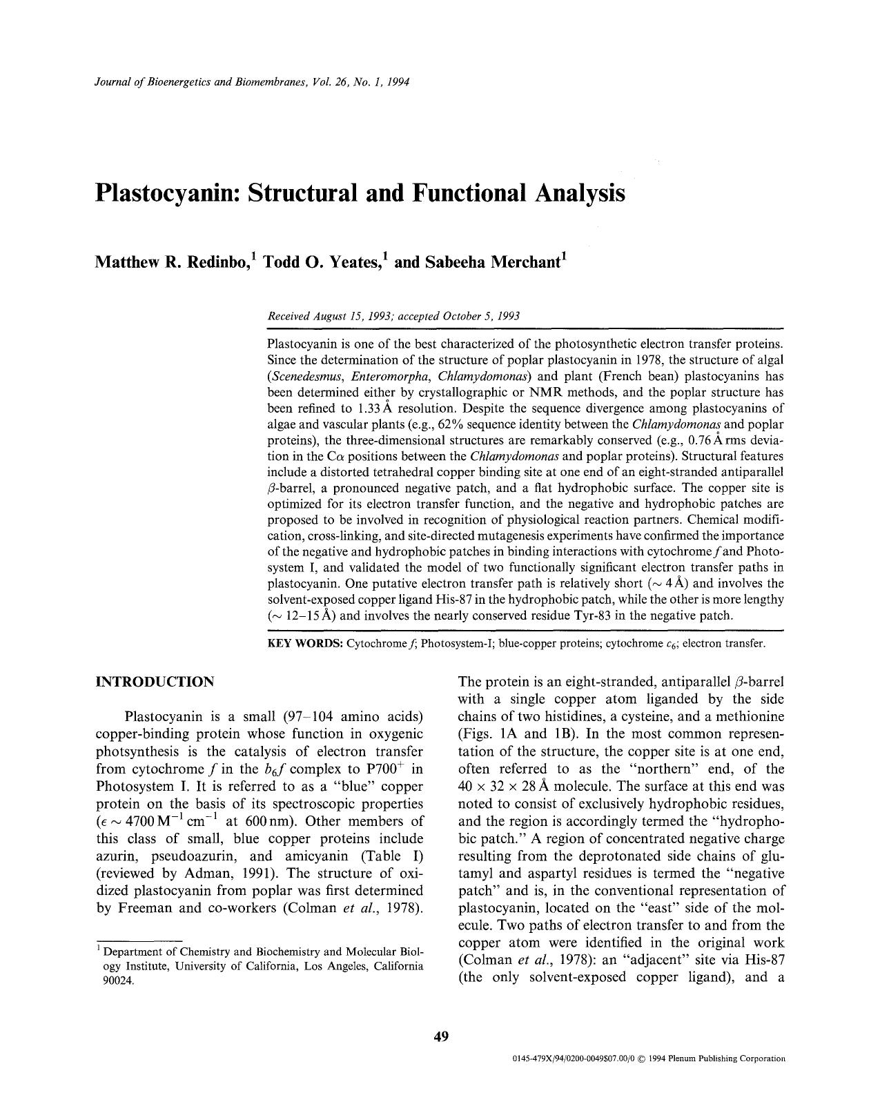 Plastocyanin: Structural and functional analysis by Unknown