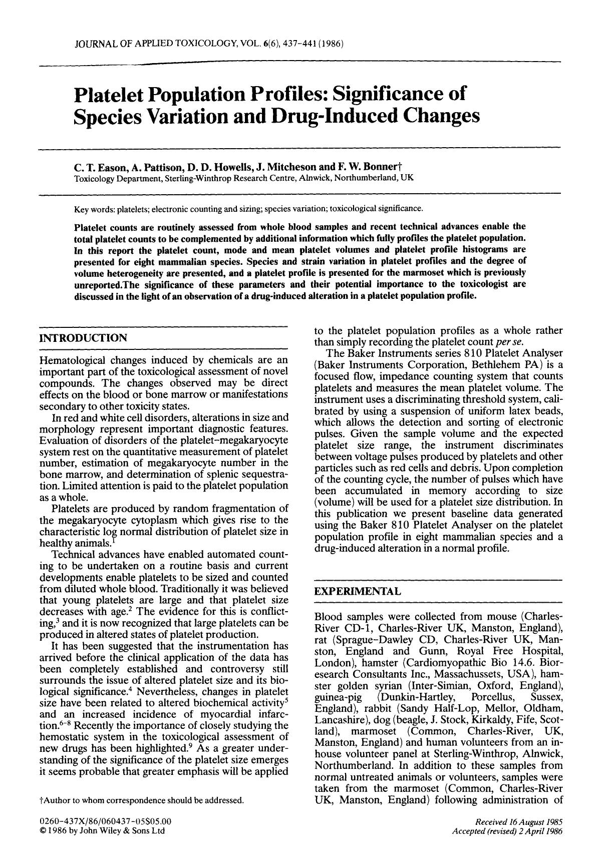 Platelet population profiles: Significance of species variation and drug-induced changes by Unknown